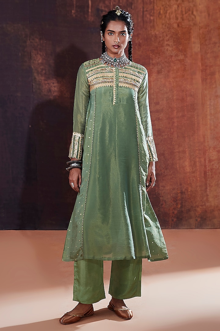 Green Jacquard & Tissue Embroidered A-Line Kurta Set by Affroz at Pernia's Pop Up Shop