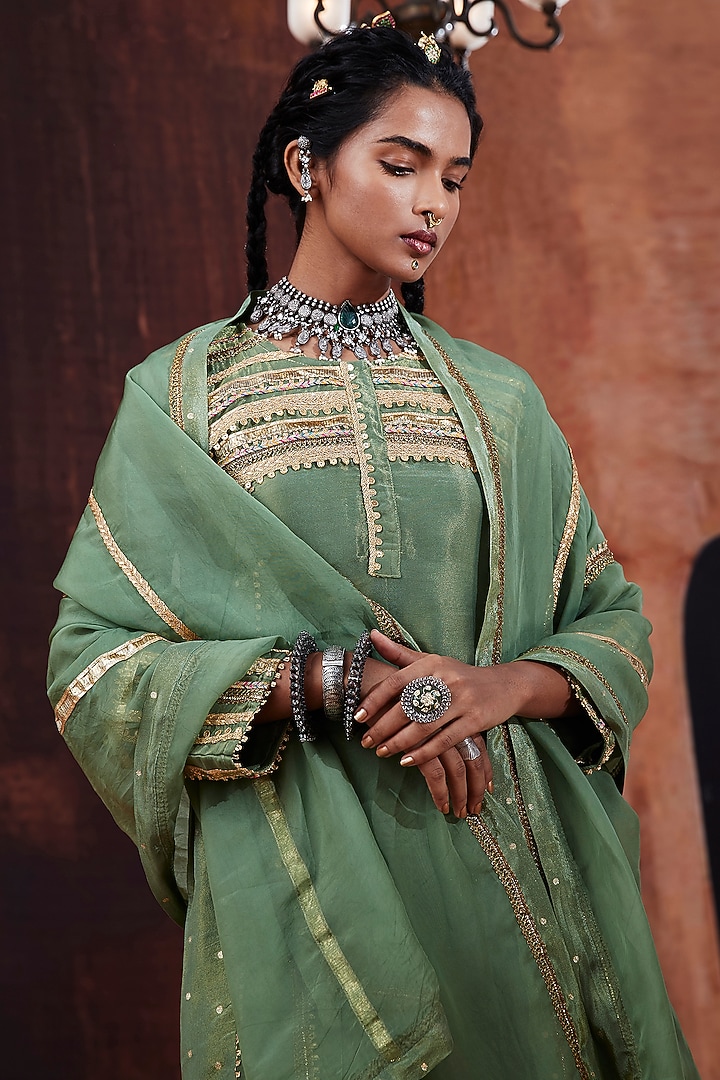 Green Jacquard & Tissue Embroidered A-Line Kurta Set by Affroz at Pernia's Pop Up Shop