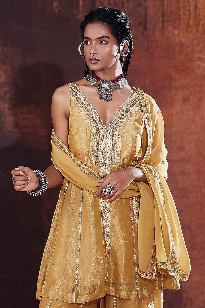 Gold Crush Tissue Embroidered A-Line Kurta Set by Affroz at Pernia's Pop Up Shop