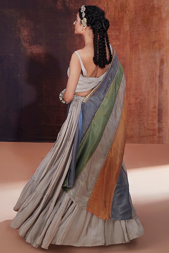 Grey Natural Crepe Jacket Wedding Lehenga Set by Affroz at Pernia's Pop Up Shop