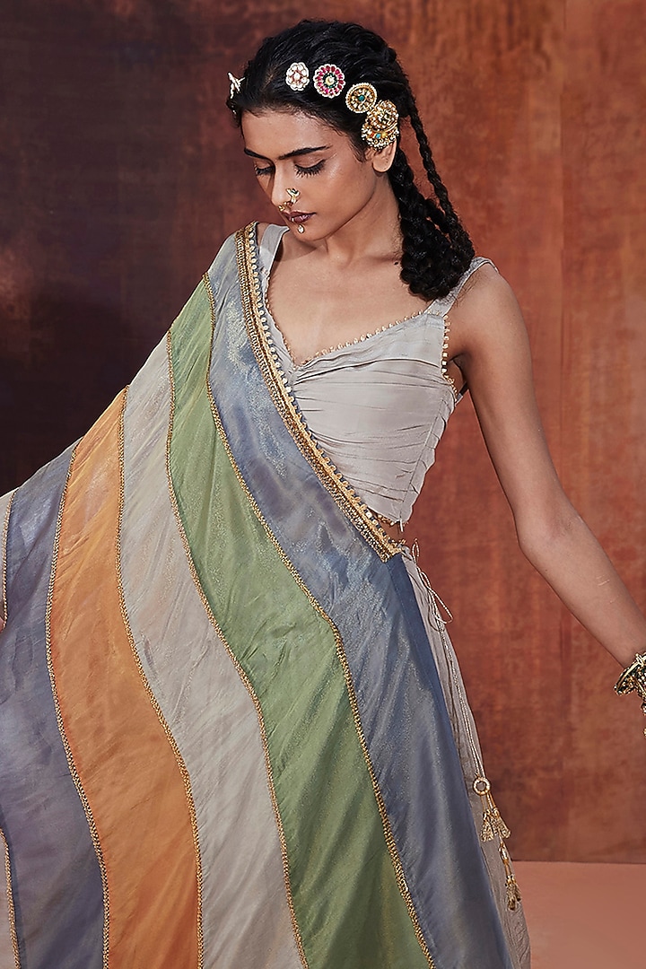 Grey Natural Crepe Jacket Wedding Lehenga Set by Affroz at Pernia's Pop Up Shop