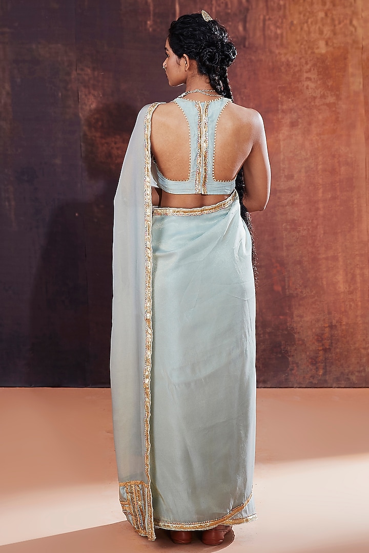 Powder Blue Tissue Silk Embroidered Party Wear Saree Set by Affroz at Pernia's Pop Up Shop