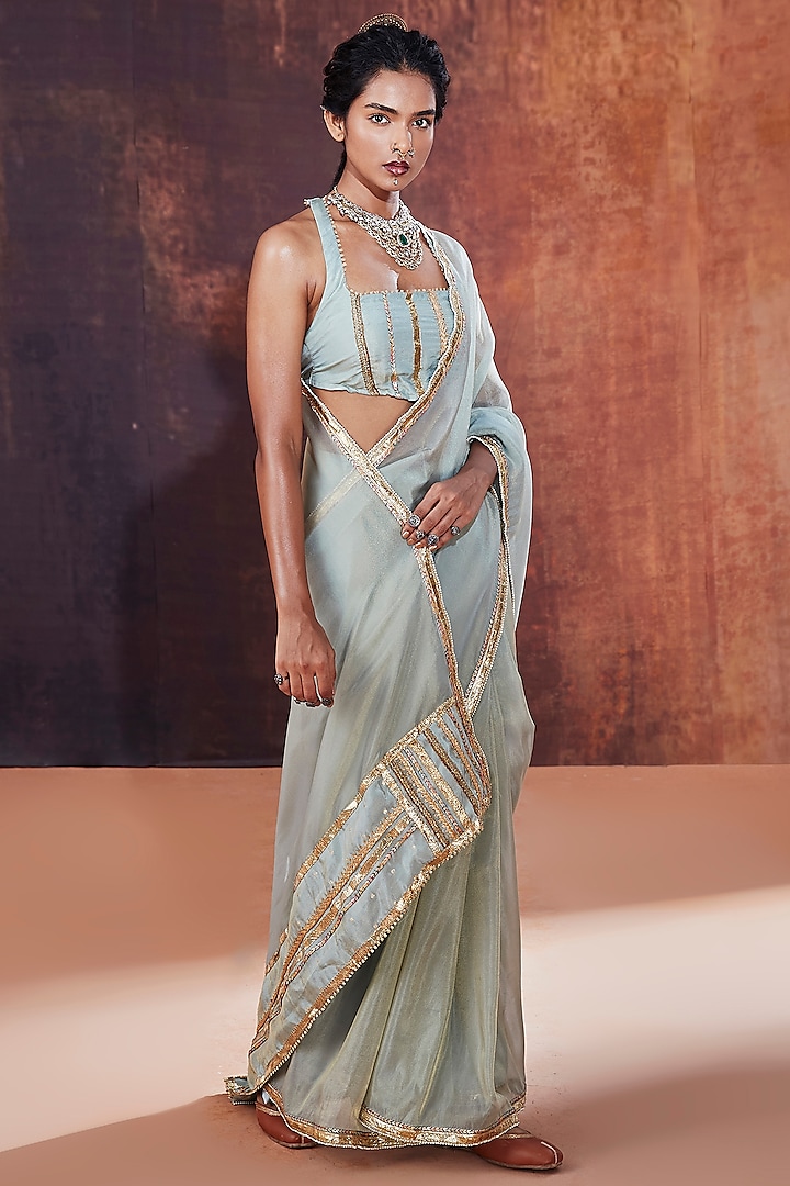 Powder Blue Tissue Silk Embroidered Party Wear Saree Set by Affroz at Pernia's Pop Up Shop
