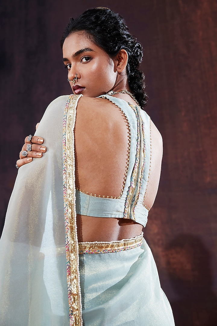 Powder Blue Tissue Silk Embroidered Party Wear Saree Set by Affroz at Pernia's Pop Up Shop