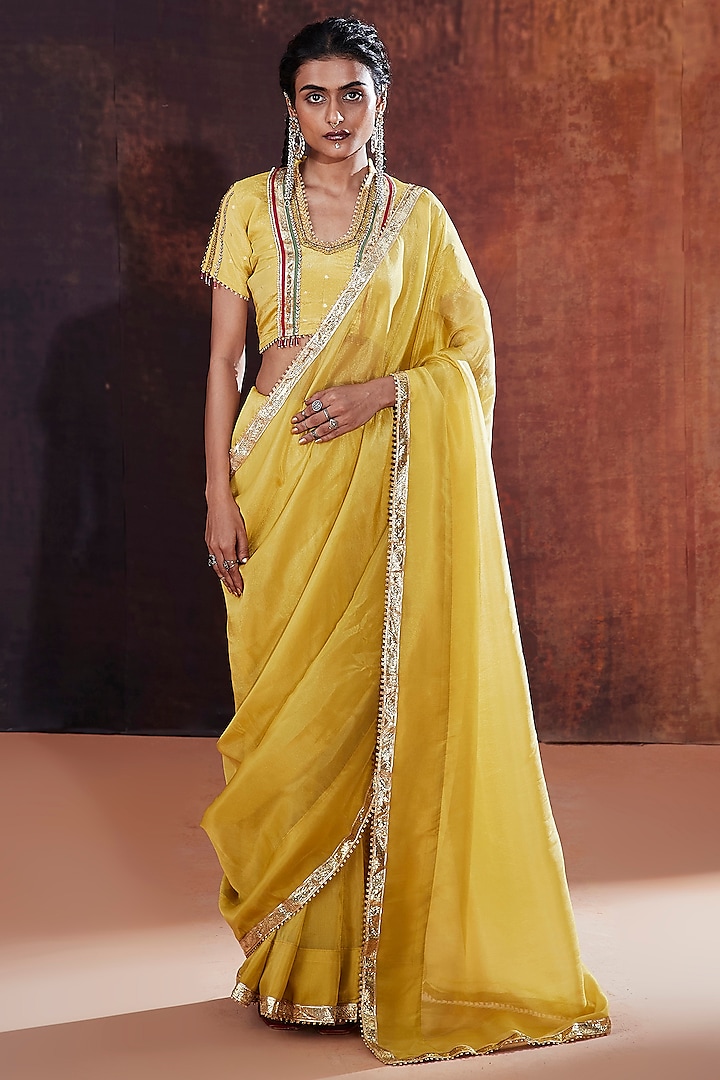 Yellow Tissue Silk Saree Set by Affroz