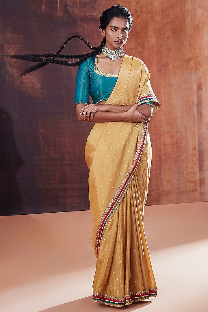 Gold Tissue Jacquard Embroidered Saree Set by Affroz at Pernia's Pop Up Shop