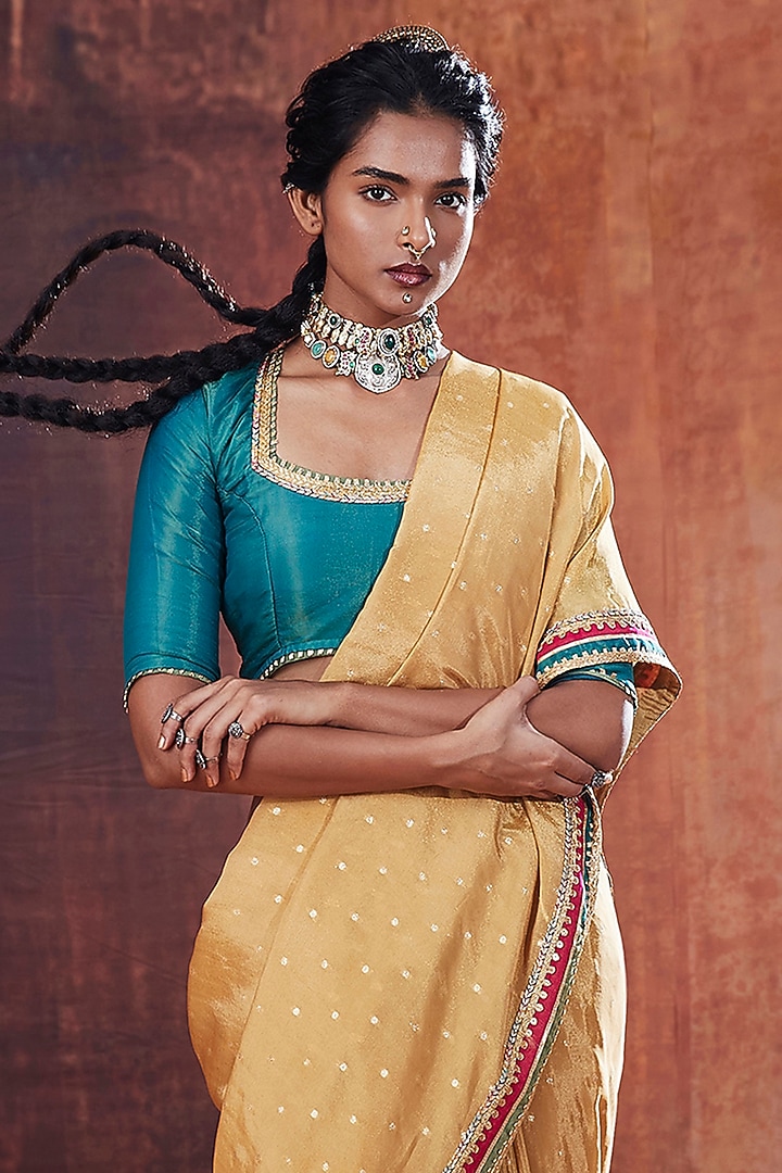 Gold Tissue Jacquard Embroidered Party Wear Saree Set by Affroz at Pernia's Pop Up Shop