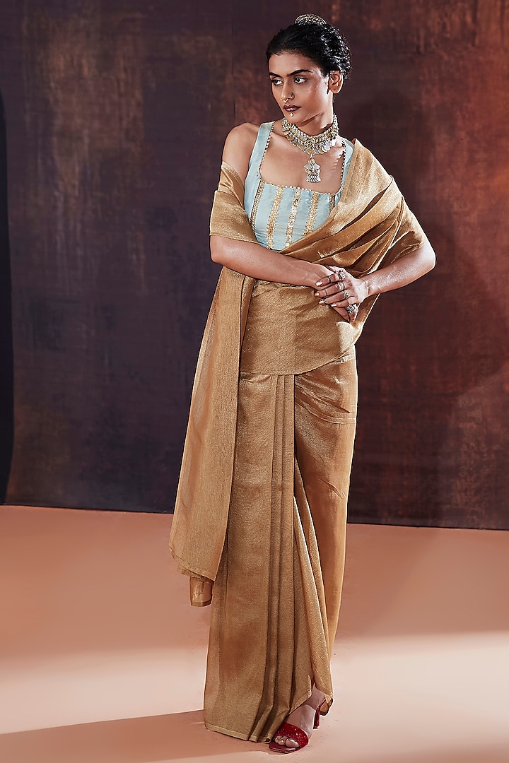 Gold Crush Tissue Pre-Draped Saree Set by Affroz at Pernia's Pop Up Shop