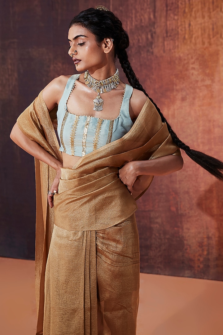 Gold Crush Tissue Pre-Draped Party Wear Saree Set by Affroz at Pernia's Pop Up Shop