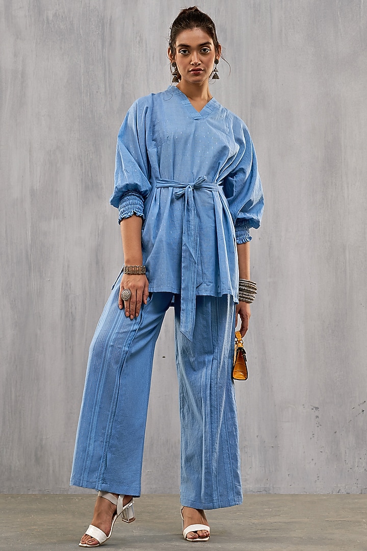 Blue Cotton Jacquard Co-Ord Set by Affroz at Pernia's Pop Up Shop