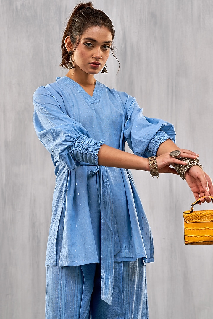 Blue Cotton Jacquard Co-Ord Set by Affroz at Pernia's Pop Up Shop