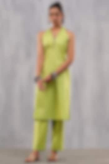 Lime Green Cotton Jacquard Paneled Kurta Set by Affroz at Pernia's Pop Up Shop