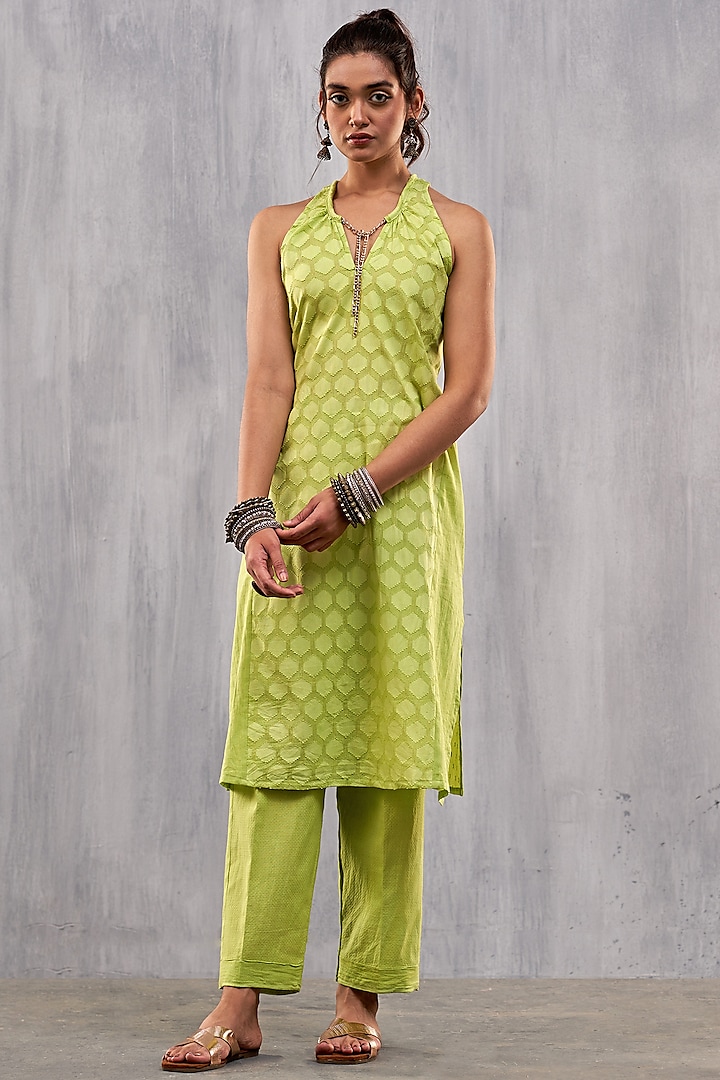 Lime Green Cotton Jacquard Paneled Kurta Set by Affroz at Pernia's Pop Up Shop