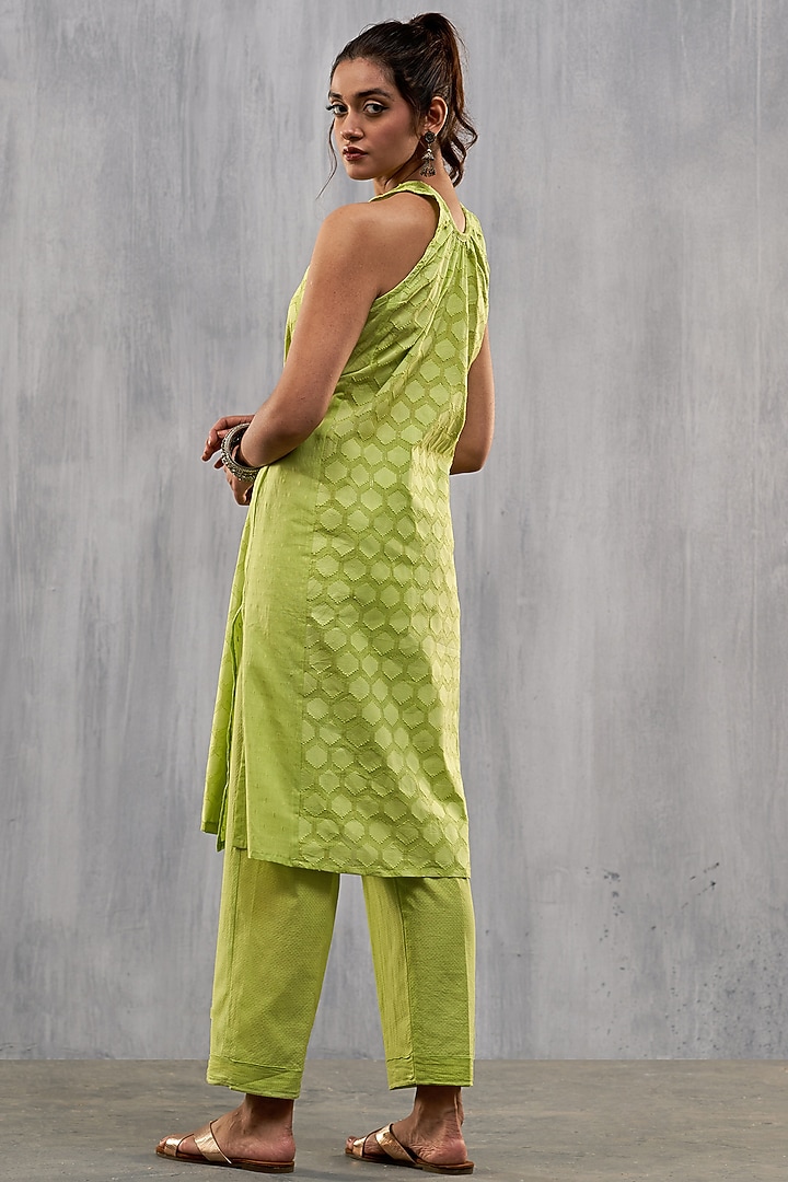 Lime Green Cotton Jacquard Paneled Kurta Set by Affroz at Pernia's Pop Up Shop