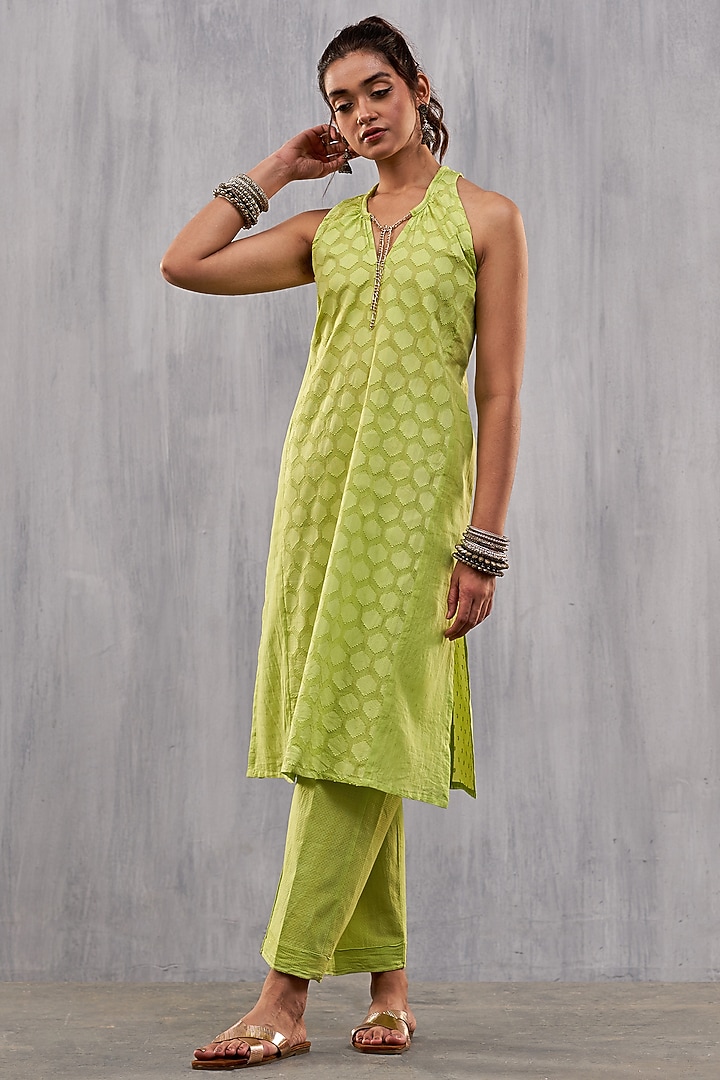 Lime Green Cotton Jacquard Paneled Kurta Set by Affroz at Pernia's Pop Up Shop