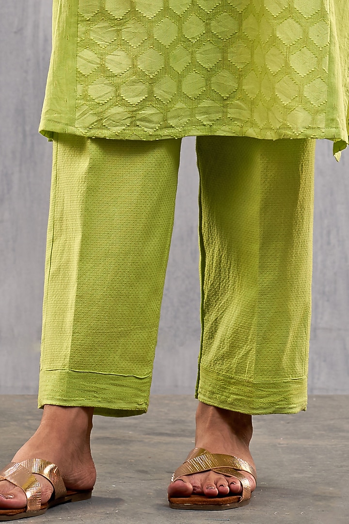 Lime Green Cotton Jacquard Paneled Kurta Set by Affroz at Pernia's Pop Up Shop