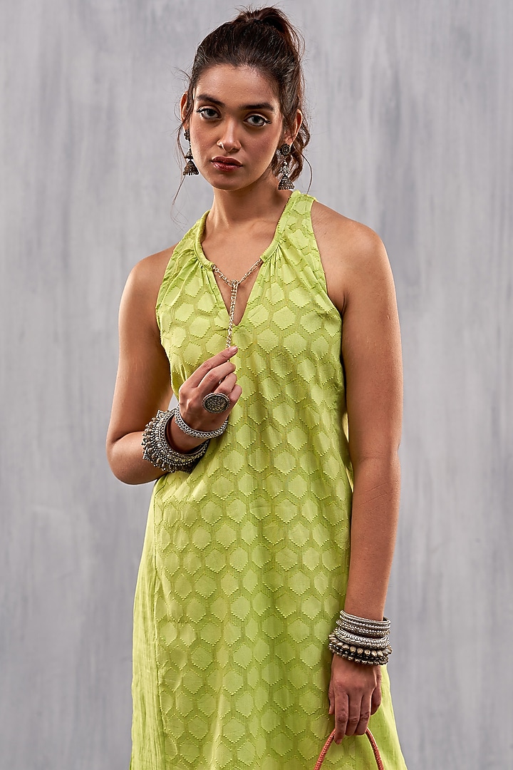 Lime Green Cotton Jacquard Paneled Kurta Set by Affroz at Pernia's Pop Up Shop