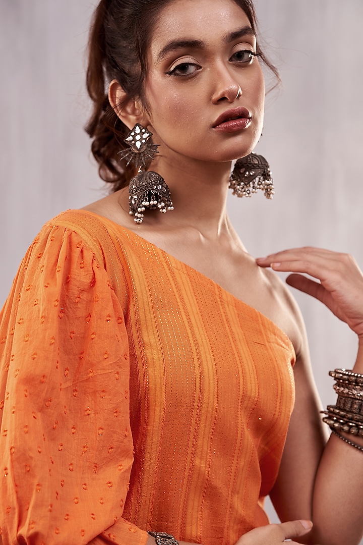 Orange Cotton Striped One-Shoulder Kurta Set by Affroz at Pernia's Pop Up Shop