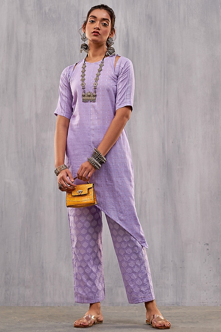 Lilac Cotton Jacquard Asymmetric Paneled Kurta Set by Affroz at Pernia's Pop Up Shop