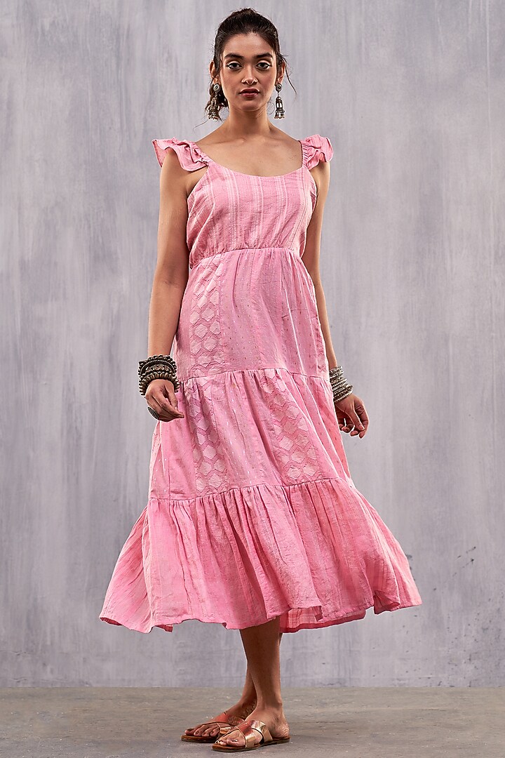 Pink Cotton Jacquard Gathered Maxi Summer Dress by Affroz at Pernia's Pop Up Shop