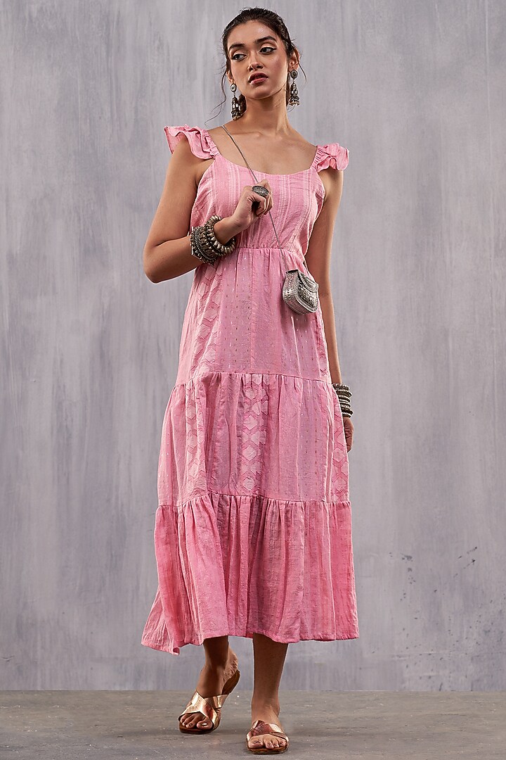 Pink Cotton Jacquard Gathered Maxi Summer Dress by Affroz at Pernia's Pop Up Shop