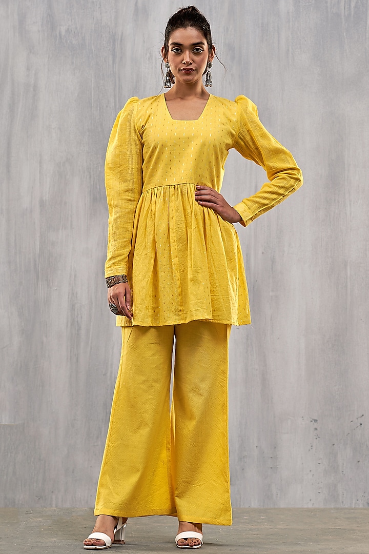 Yellow Cotton Jacquard Co-Ord Set by Affroz at Pernia's Pop Up Shop