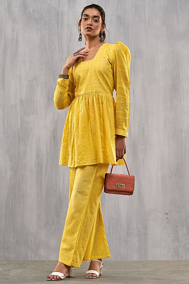 Yellow Cotton Jacquard Co-Ord Set by Affroz at Pernia's Pop Up Shop