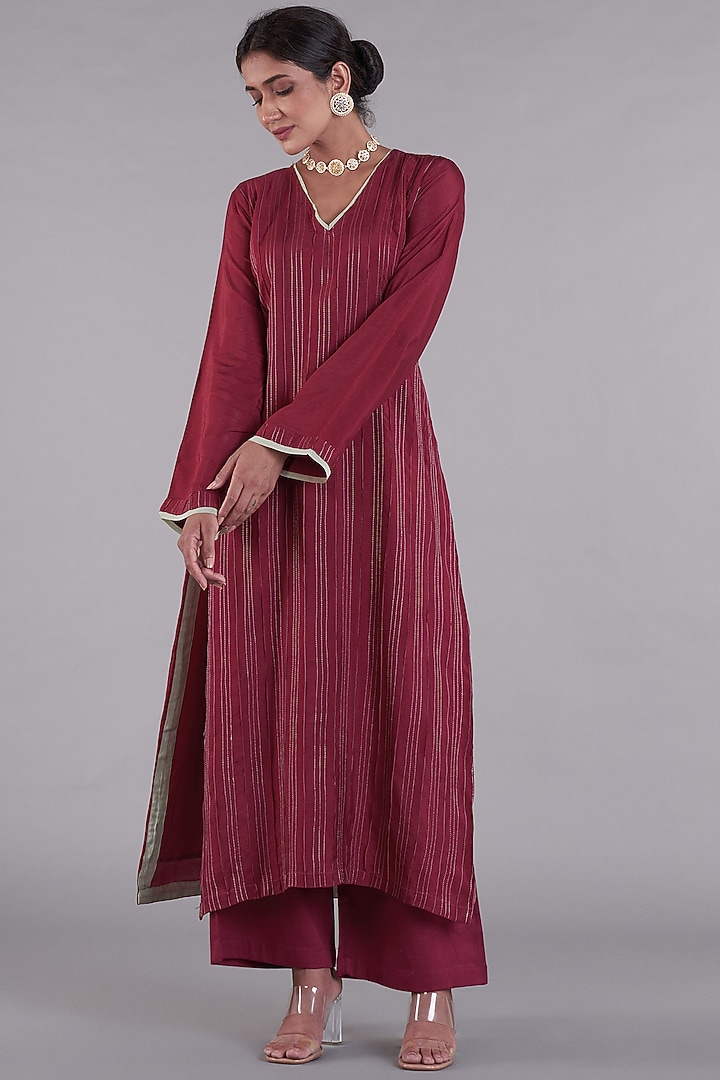 Maroon Russian Silk Kurta Set by Affroz at Pernia's Pop Up Shop