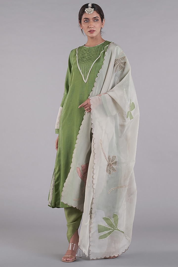 Green Russian Silk A-line Kurta Set by Affroz at Pernia's Pop Up Shop