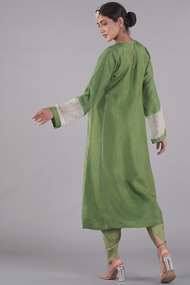 Green Russian Silk A-line Kurta Set by Affroz at Pernia's Pop Up Shop