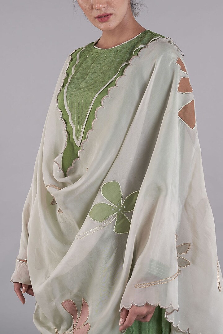 Green Russian Silk A-line Kurta Set by Affroz at Pernia's Pop Up Shop