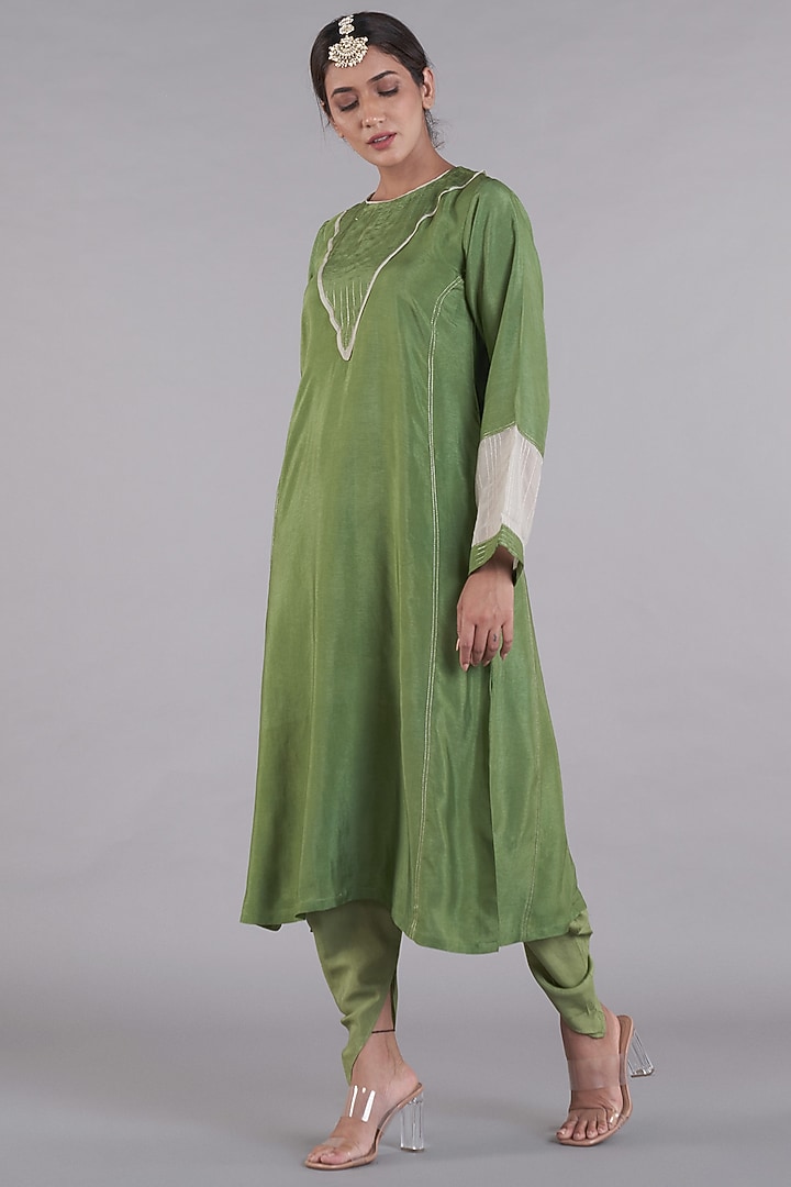 Green Russian Silk A-line Kurta Set by Affroz at Pernia's Pop Up Shop
