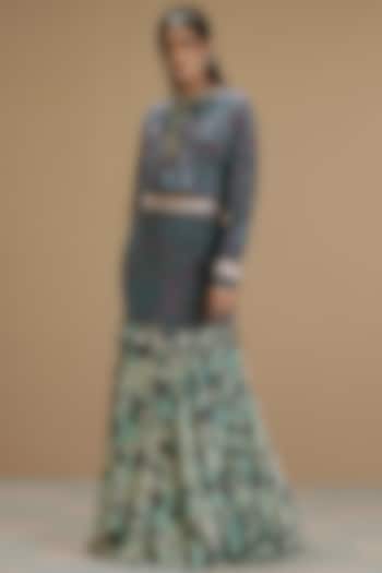 Green Viscose Crepe Skirt Set by Affroz