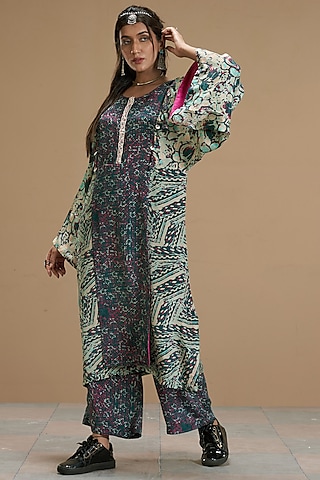 Green Viscose Crepe Kurta Set by Affroz
