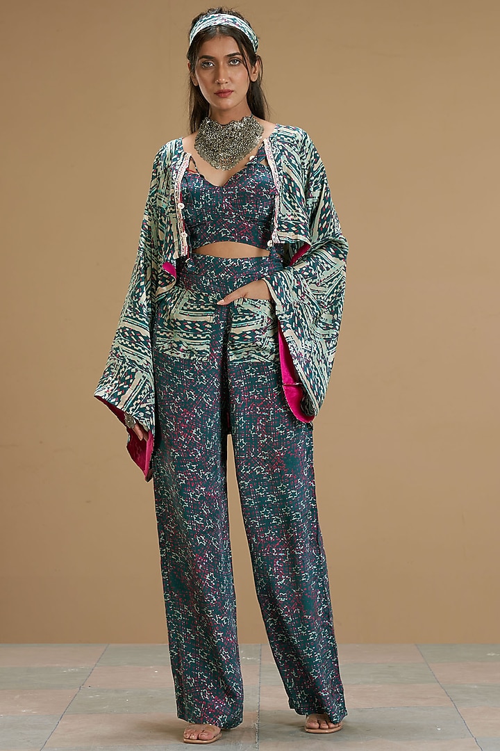 Beige Printed Pant Set With Jacket by Affroz at Pernia's Pop Up Shop