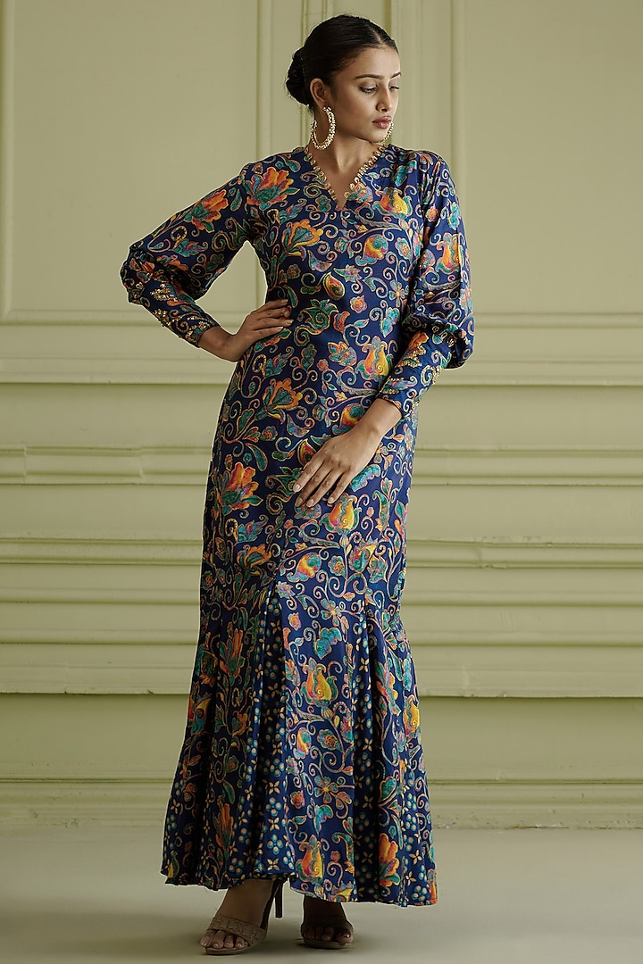 Blue Hand Embroidered & Printed Dress by Affroz