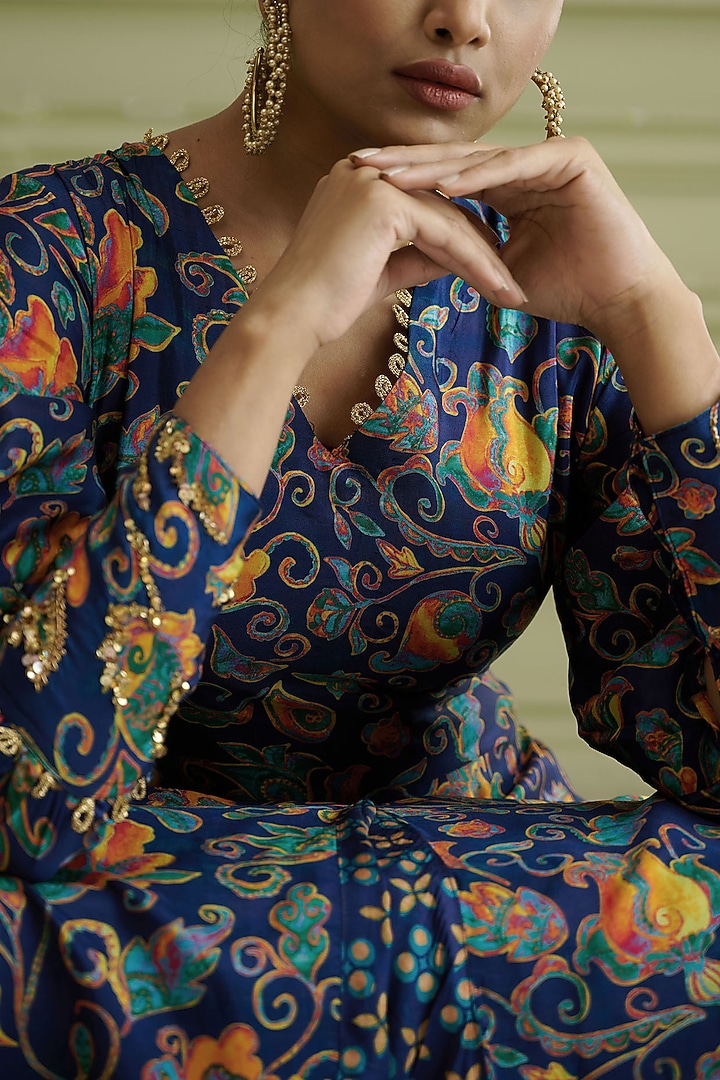 Blue Hand Embroidered & Printed Summer Dress by Affroz at Pernia's Pop Up Shop