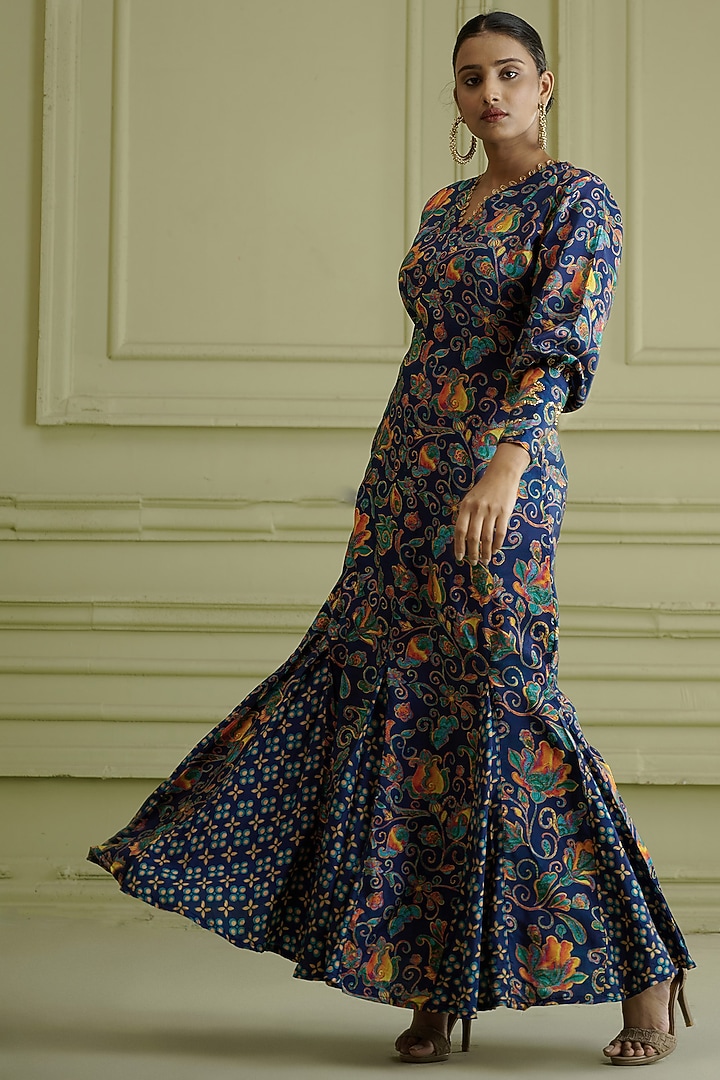 Blue Hand Embroidered & Printed Summer Dress by Affroz at Pernia's Pop Up Shop