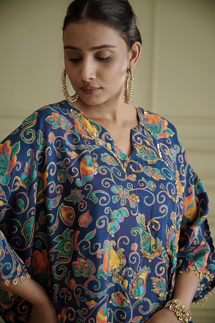 Midnight Blue Embroidered Kaftan Set by Affroz at Pernia's Pop Up Shop