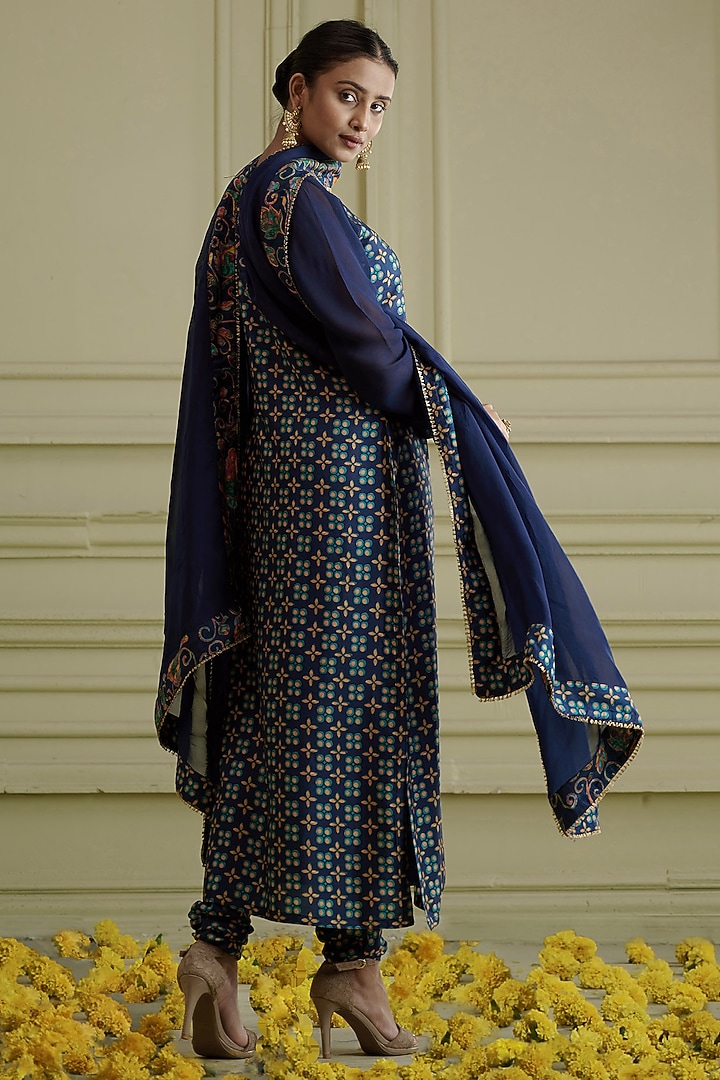 Midnight Blue Printed & Embroidered Kurta Set by Affroz at Pernia's Pop Up Shop