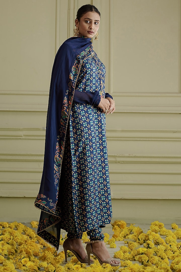 Midnight Blue Printed & Embroidered Kurta Set by Affroz at Pernia's Pop Up Shop