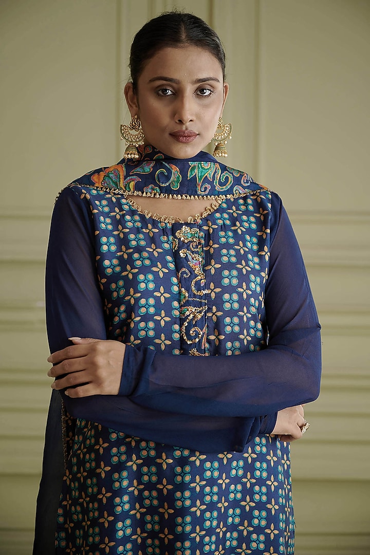 Midnight Blue Printed & Embroidered Kurta Set by Affroz at Pernia's Pop Up Shop