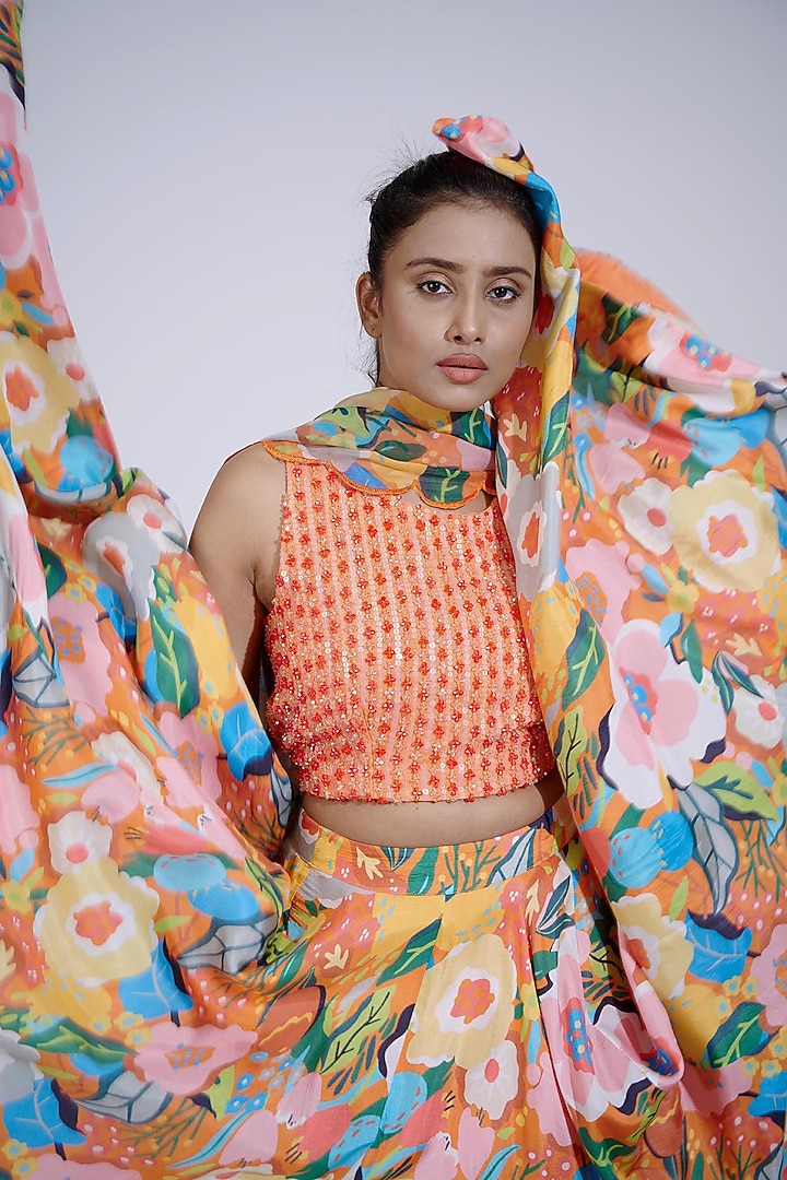 Orange Printed Wedding Lehenga Set by Affroz at Pernia's Pop Up Shop
