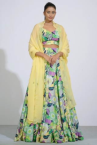 Lime Yellow Printed Lehenga Set by Affroz