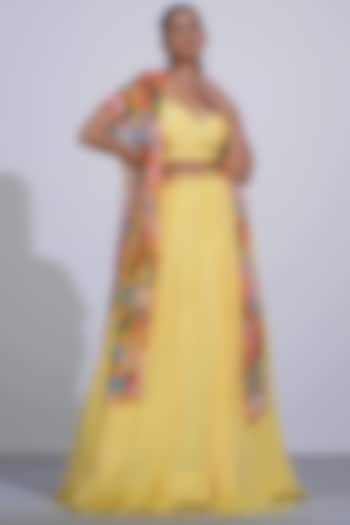 Yellow Printed Jacket Lehenga Set by Affroz at Pernia's Pop Up Shop