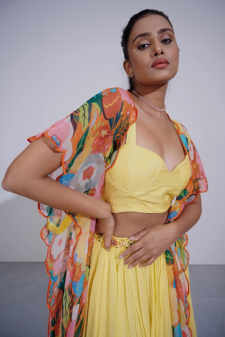 Yellow Printed Jacket Lehenga Set by Affroz at Pernia's Pop Up Shop