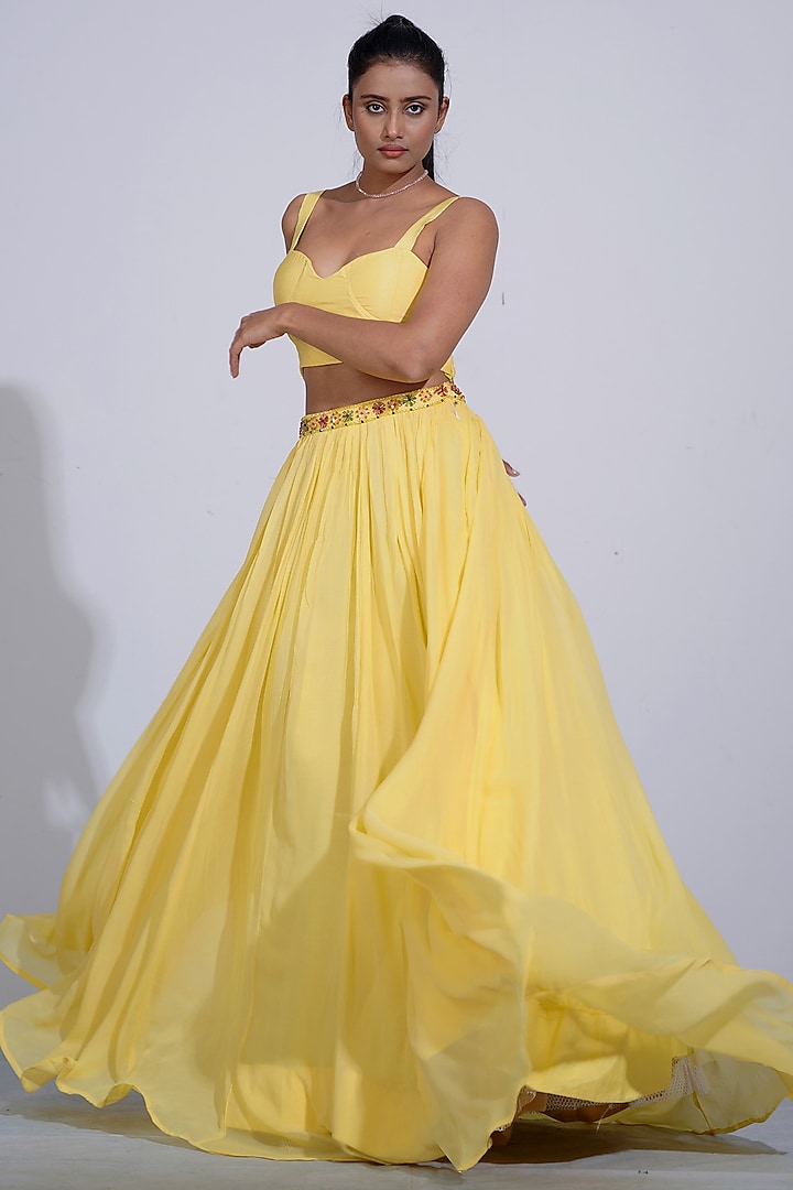 Yellow Printed Jacket Lehenga Set by Affroz at Pernia's Pop Up Shop