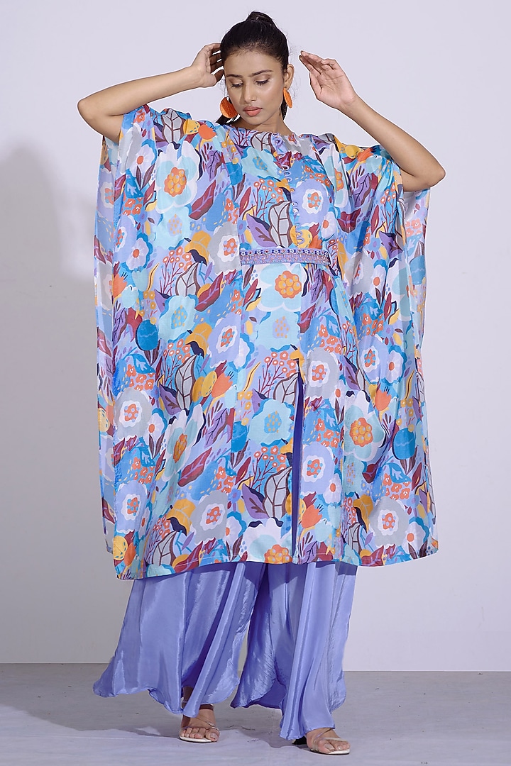 Powder Blue Printed & Embroidered Kaftan Set by Affroz at Pernia's Pop Up Shop