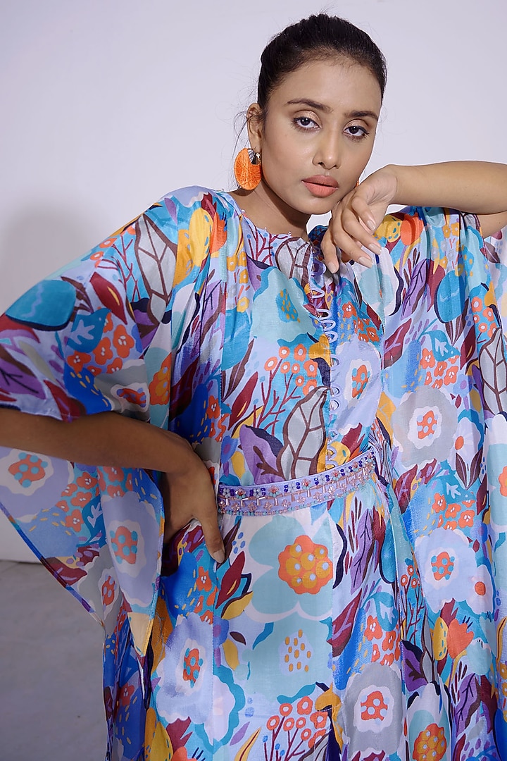 Powder Blue Printed & Embroidered Kaftan Set by Affroz at Pernia's Pop Up Shop