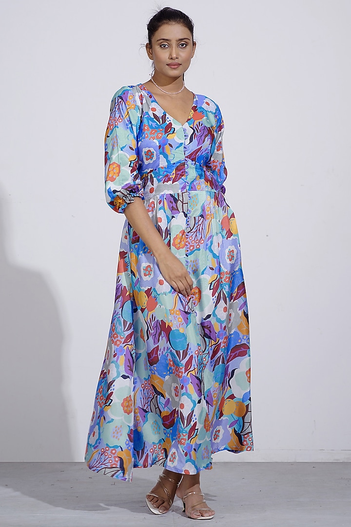 Powder Blue Printed Dress by Affroz at Pernia's Pop Up Shop